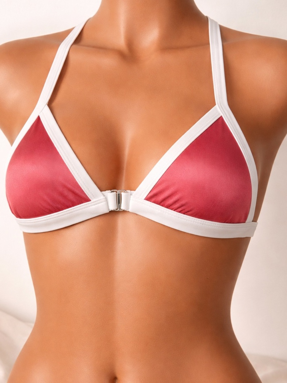 Damsel Triangle Bikini Top | Rose Pink & White | Adjustable Strap Swim Top Small
